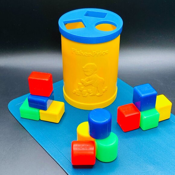 1977 Fisher Price Baby's First Blocks Shape Sorter Yellow Bucket Blue Lid - Picture 1 of 10